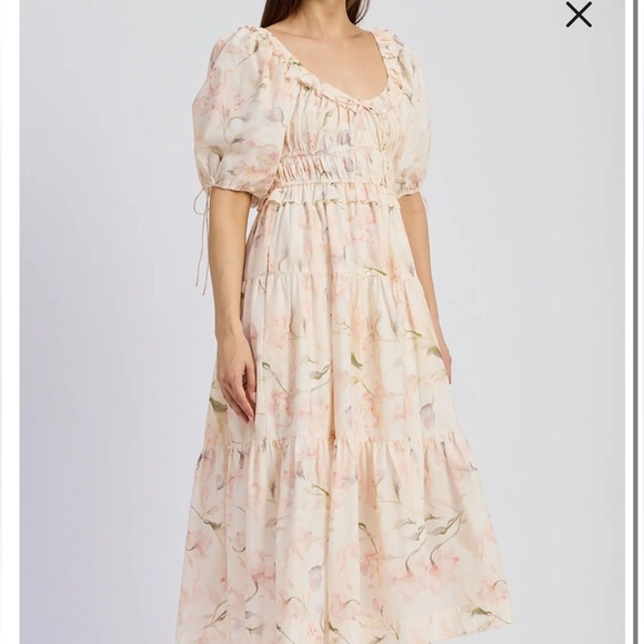 En Saison Cream Floral Smocked Tie-Front Midi Dress with Peach and Olive Accents - Picture 8 of 8